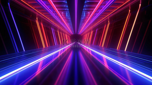 一条被照亮的通道霓虹灯线形成一条隧道，反射光在地面上