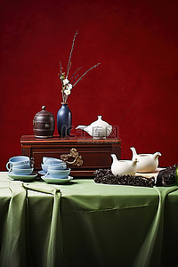 茶杯子背景图片_一张棕色的桌子，上面有杯子或汤碗和盘子