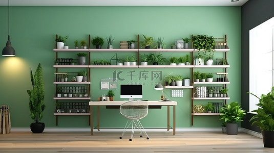 别致而时尚的家庭办公室，配有时尚的绿色墙壁和现代装饰 3D 渲染