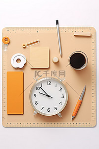 一块板，内衬多种办公配件，包括时钟钢笔回形针和橡皮