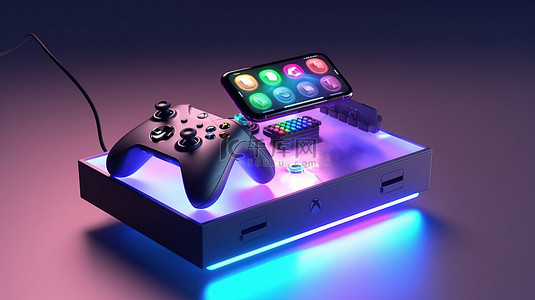 游戏玩家套件的 3D 插图，配有智能手机游戏机控制器骰子耳机箱和操纵杆