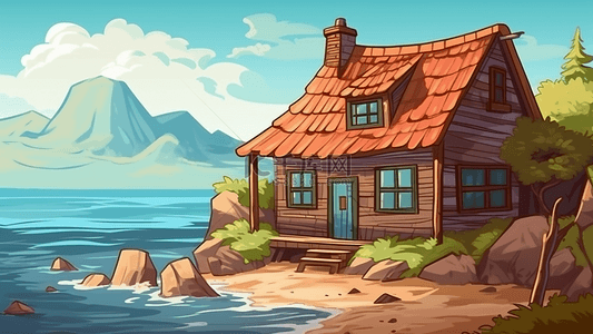 海边建筑背景图片_房子海边度假插画背景