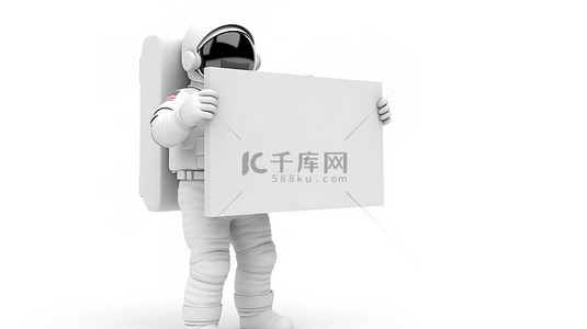 教育ppt封面背景图片_宇航员手里拿着空白的白色标语牌 3d 在纯白色背景上渲染