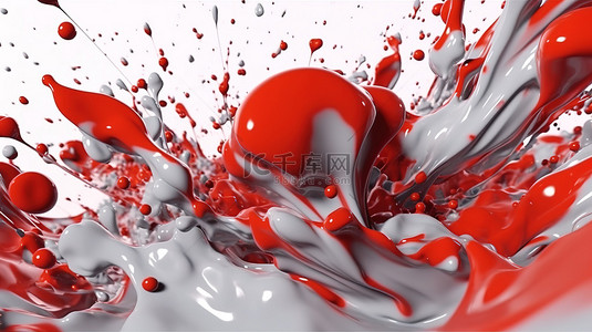 抽象液体色彩背景图片_动态红色液体飞溅与白色飞溅背景精致华丽的 3D 艺术品非常适合当代和潮流设计