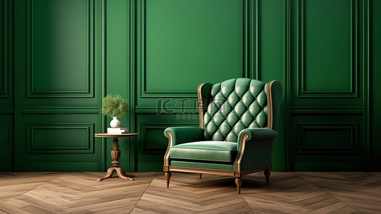真皮腰带背景图片_经典的内饰，带有复制空间，优雅的翠绿扶手椅，人字形图案的镶木地板和模压绿色墙壁 3D 渲染