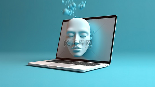超现实主义 3D 艺术作品，带有笔记本电脑和屏幕上发出的脸