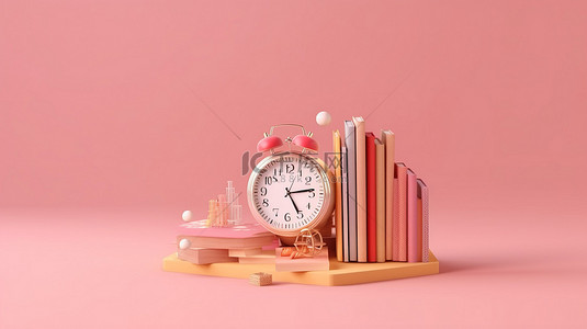 英语学习背景图片_回到学校，书籍和时钟的 3D 渲染在粉红色背景下说明现代平面设计等距教育概念