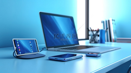 蓝色办公桌上的科技小玩意水平横幅插图