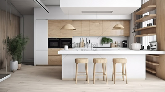 家居背景图片_简约的白色阁楼厨房，在 3D 渲染中带有木质装饰