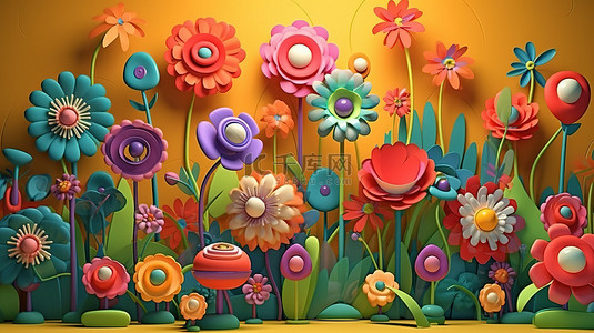 彩色花草背景图片_彩色 3D 插图描绘民间艺术风格的卡通花民间艺术作品