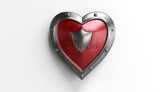 白色背景上孤立的心脏和盾牌的 3D 插图