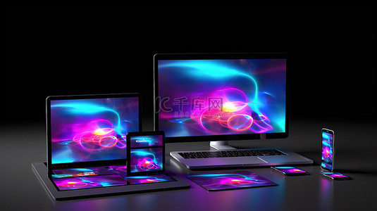 具有响应式网页设计的设备的桌面 3D 渲染