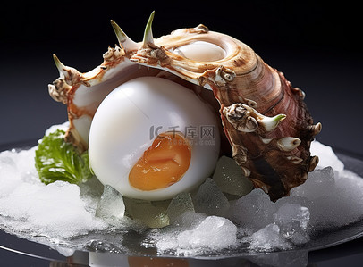 冰水背景图片_一只螃蟹，上面有一个鸡蛋，旁边有一些冰和冰水
