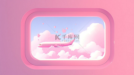 简约的粉红色飞机窗口 3d 渲染，背景中有令人惊叹的天际线