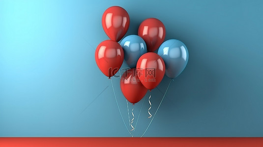 漂浮背景装饰背景图片_带有一群蓝色气球的红墙的三维渲染