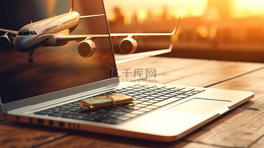 预订旅行可以轻松地在木桌 3D 渲染上通过笔记本电脑特写航空公司登机牌和喷气式飞机