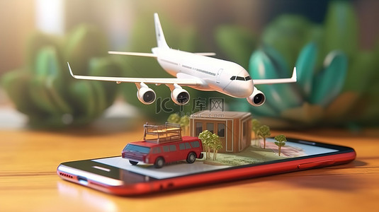 3D 渲染的飞机和手提箱，带有二维码扫描，用于智能手机上的旅游和旅行