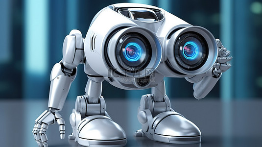 间谍背景图片_Android 机器人或人工智能机器人使用双筒望远镜进行 3D 渲染中的自动搜索引擎概念