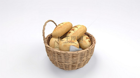包子背景图片_3d 渲染一个装满面包的孤立篮子