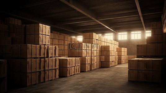 纸箱设计背景图片_纸板箱整齐堆放在仓库中的 3D 插图设计