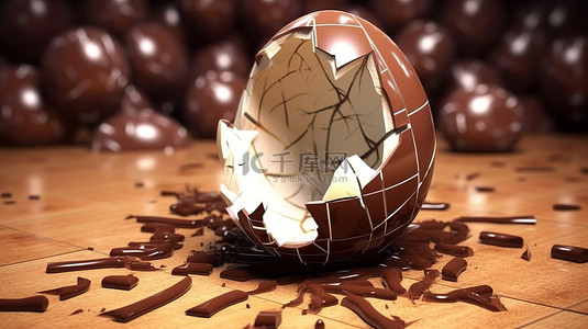 破裂的巧克力复活节彩蛋的 3D 渲染