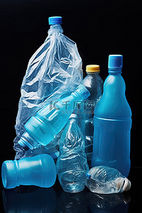 装有瓶子和垃圾的塑料瓶放在蓝色塑料袋上