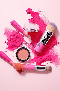 唇膏背景图片_粉色化妆套装，配有腮红唇膏棒和刷子