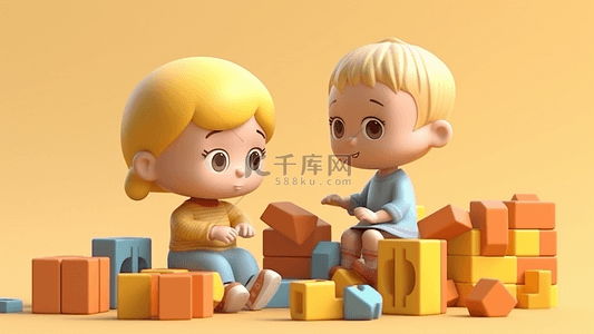 小孩玩耍玩具背景图片_孩子搭积木可爱卡通插画背景