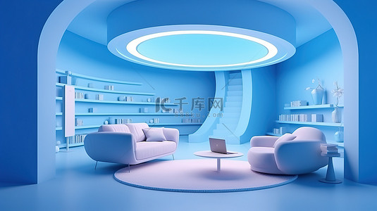 创新蓝色背景图片_蓝色背景上代表技术进步的创意元宇宙房间的创新 3D 渲染