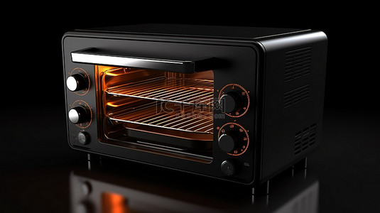 3D 渲染的现代黑色电烤箱设置在时尚的黑色背景下