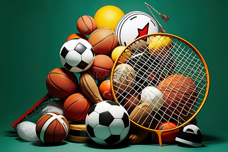足球背景图片_网球拍前放置篮球和其他运动器材