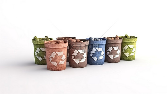 充满活力的粘土垃圾桶，装饰着回收标志和废物分类，显示在使用 3D 技术创建的白色背景上