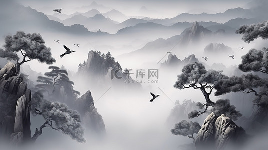 灰色背景背景图片_灰色画布 3D 中国风景，山鸟白云和迷人的圣诞树