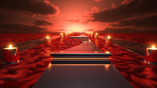 双聚光灯 3D 渲染照亮的平台上星光灿烂的红地毯