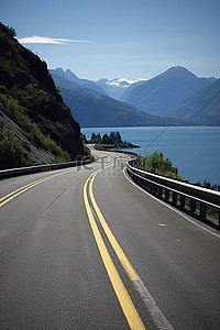 高速公路背景图片_空湖上的高速公路，周围群山环绕