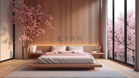 现代木质装饰卧室 3D 渲染，带有树框视图和花卉装饰
