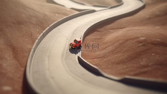 玩具车在蜿蜒的道路 3D 渲染上以困难的方式概念导航具有挑战性的地形