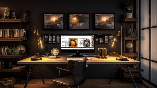 家庭办公室设置中显示的响应式数字营销网站的 3D 渲染