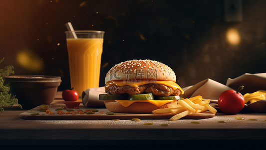 汉堡背景图片_薯条果汁汉堡西红柿食物背景