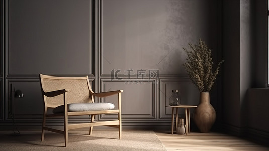 用波浪形的白色和灰色墙壁渲染 3d 室内场景轻木家具和编织木椅