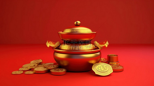 财富象征背景图片_中国黄金的 3D 渲染象征着中国新年红色背景上的财富