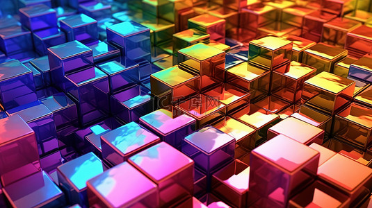 游戏背景图片_抽象彩虹立方体的闪闪发光的 3D 渲染
