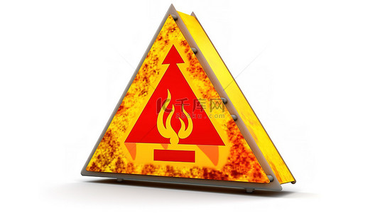 黄色钻石火灾警告标志，带有在白色背景 3d 渲染上隔离的易燃和易燃物质图标