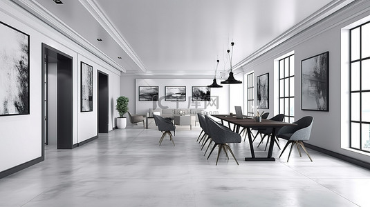 豪华的办公家具装饰着 3D 渲染的会议室，白色的墙壁和光滑的混凝土地板