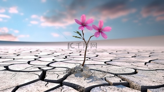 3D 渲染描绘了一朵精致的粉红色花朵在干旱开裂的土地上绽放，背景模糊，树木茂盛
