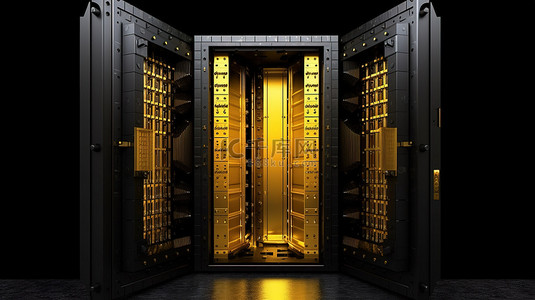 强化银行金库门和闪闪发光的金条的 3D 渲染