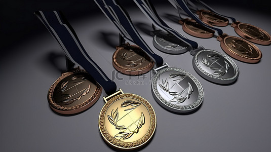 为冠军获得者赢得金银牌和铜牌的三重奏 3d 渲染