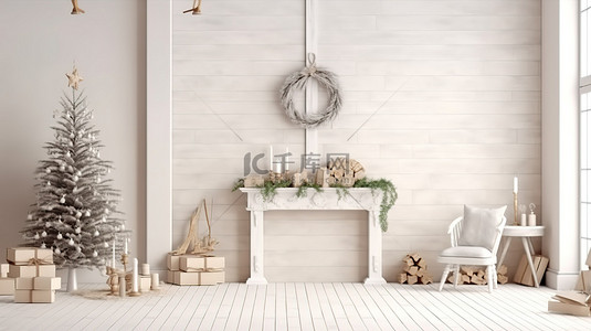 圣诞房间壁炉背景图片_农舍风格的壁炉在舒适的圣诞节室内 3D 渲染