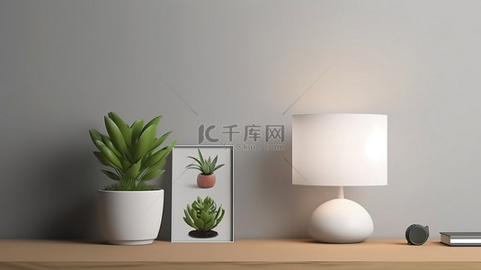 带有电脑样机灯和植物 3D 渲染的简约桌面设计