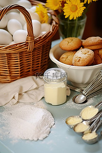 酸梅汤原料图背景图片_桌子上摆满了烹饪原料，还有一篮子松饼和其他饼干